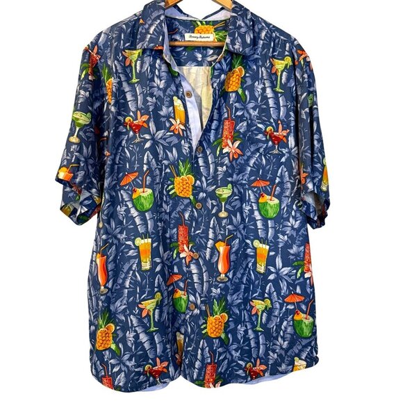 Tommy Bahama Tide One On Silk Camp‎ Shirt XL Blue Tropical Cocktail Hawaiian